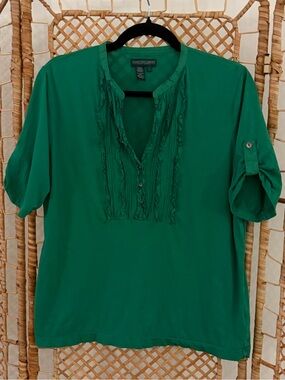 Ralph Lauren Women’s Emerald Green V-Neck Short Sleeve Top with Ruffle Details